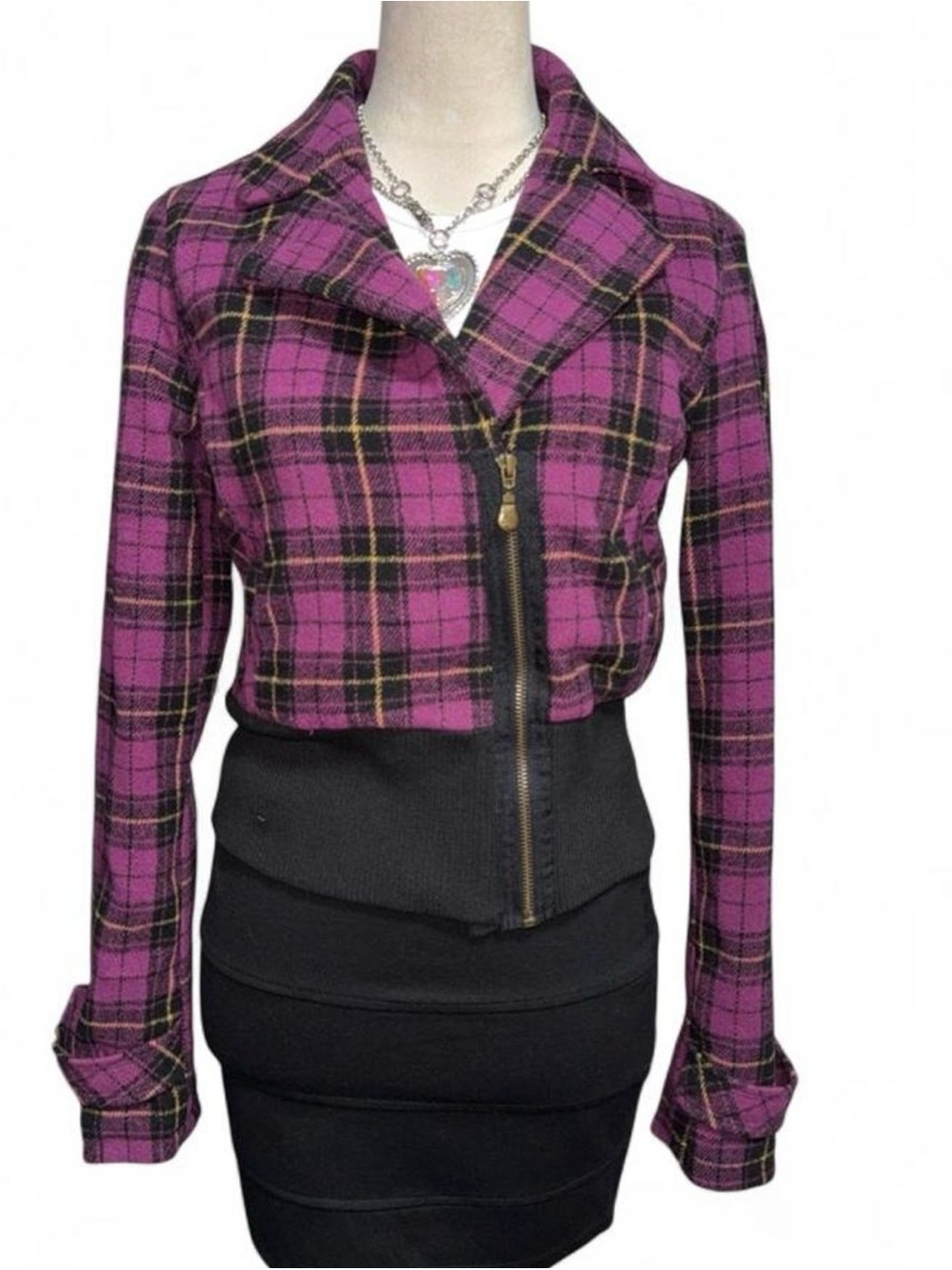 Women's Purple Plaid Zip-Up Bomber Jacket